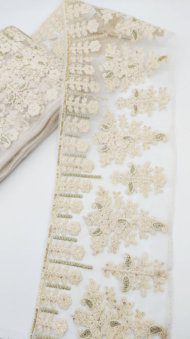 9 Yards Off White Net Lace Trim Floral Embroidery and Gold Sequins, Floral Sari Border, Decorative Trim